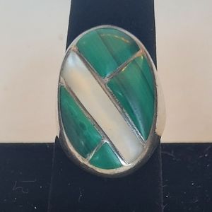 Large Vintage Malachite and Mother of Pearl Inlay Ring Sterling Silver Signed